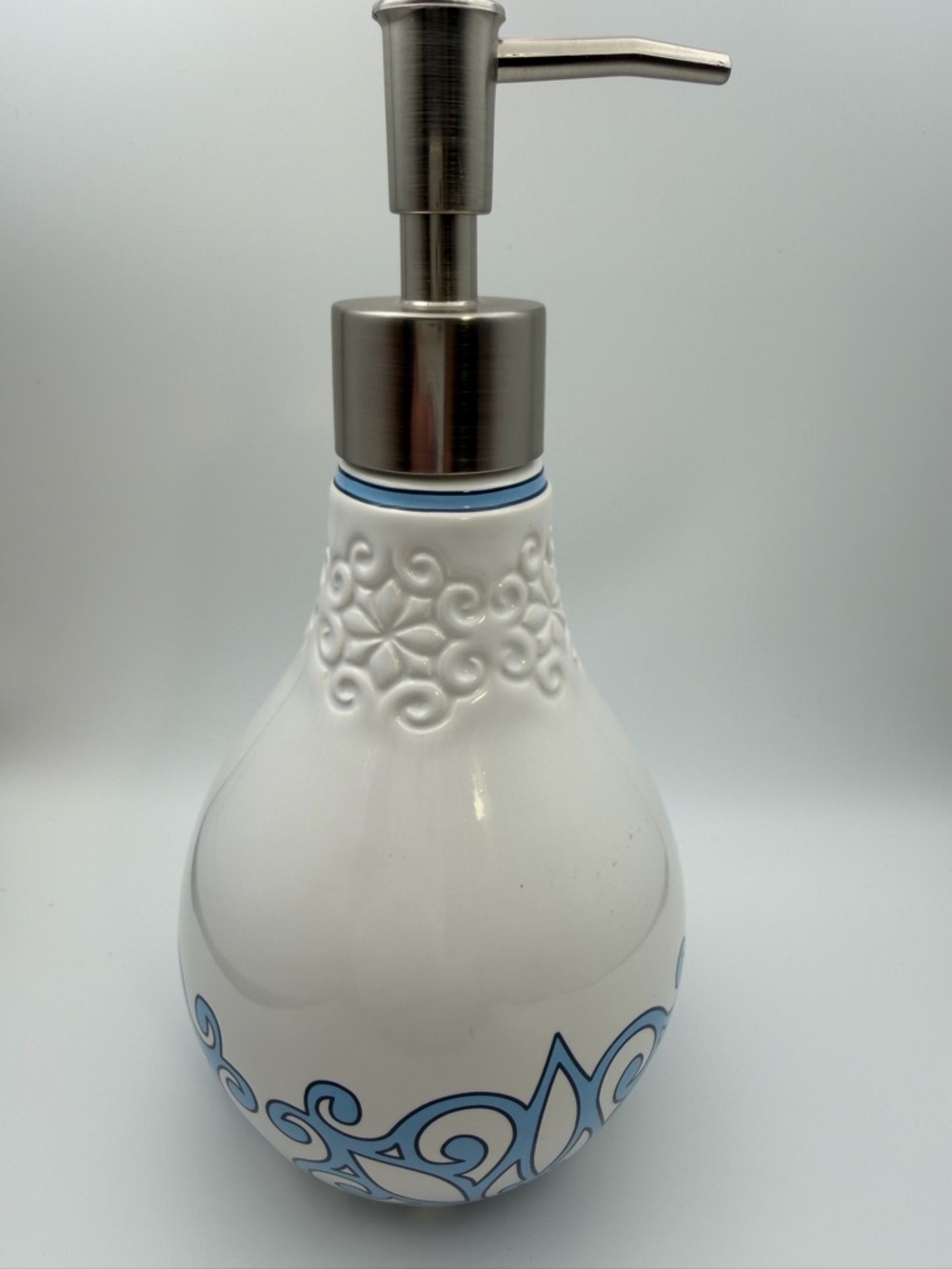 White and Blue Ceramic Soap Dispenser, Decorative Bath Accessory